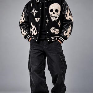 Black Wool Leather Skull Flame Varsity Jacket with Embroidered Patches for Unisex Wear