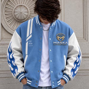 Blue Varsity Jacket Men White Sleeves Embroidered Letterman Streetwear