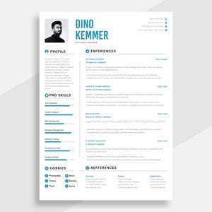 May include: A professional resume template for a software engineer named Dino Kemmer, featuring a black and white headshot, contact details, profile summary, professional experience, technical skills with progress bars, and references.