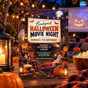 May include: A rectangular invitation card for a Backyard Halloween Movie Night birthday party. The text reads: Join us for a Backyard Halloween Movie Night to celebrate Sophia's 7th Birthday, Saturday October 17, 6:30 PM, 417 Moonlight Drive.