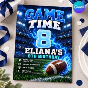Football Birthday Invitation, Game Time 8th Birthday Party Invite, Stadium Lights Tailgate Card, Editable Canva Template