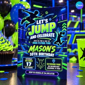 May include: A rectangular birthday invitation card featuring neon green and blue graphics of people jumping on trampolines. The text reads: LET'S JUMP AND CELEBRATE, JOIN US FOR A DAY OF HIGH-FLYING FUN!, MASON'S 10TH BIRTHDAY, OCTOBER 17 AT 3:00PM, SKYBOUND PARK 684 MEADOW ROAD BRIARWOOD, TX 75069, RSVP TO JESSICA AT 214.555.6728.