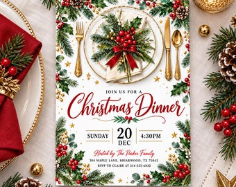 Op de afbeelding: Een rechthoekige uitnodigingskaart voor een kerstdiner met een witte achtergrond, geïllustreerd met een bord, gouden bestek en een rode strik. De tekst luidt Join us for a Christmas Dinner, Sunday 20 Dec, 4:30PM, en The Parker Family.