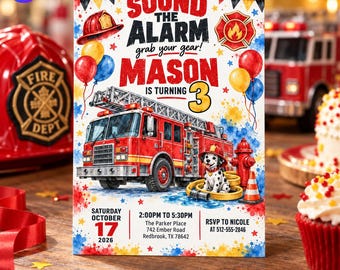Firefighter Birthday Invitation, Fire Truck Party Invite, Sound the Alarm Grab Your Gear Card, Boys 3rd Birthday, Canva Template