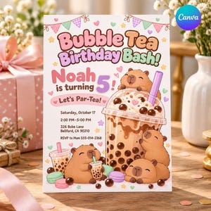 Puede incluir: Una tarjeta de invitación de cumpleaños rectangular con el texto Bubble Tea Birthday Bash! Noah is turning 5! Let's Par-Tea! y detalles para Saturday, October 17, 2:00 PM-5:00 PM, 326 Boba Lane, Bellford, CA 90210, RSVP to Mom 555-014-2368.