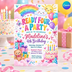 Pode incluir: Um convite de aniversário com arco-íris, sol sorridente, nuvens, balões, um ursinho de peluche e presentes. O texto diz: READY FOUR A PARTY, JOIN US TO CELEBRATE, Madeline's 4th Birthday, Saturday, October 17, 2pm to 5:30pm, Natalie's Place, 372 Willow Drive, Bellmere TX 78642, RSVP to Monica at 512-555-0186.