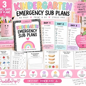 May include: A set of Kindergarten Emergency Sub Plans featuring three days of lesson outlines, printable activity sheets, and a pink mug with the text Teach Kind People. The documents include sections for literacy, math, writing, science, and brain breaks.