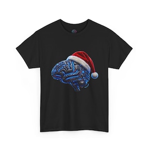 Camiseta Cerebro Cibernético Navideño | Ropa Techwear Cyberpunk | Regalo Navidad Programador | IA | Gorro Santa Claus