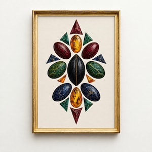 May include: A framed print featuring a symmetrical arrangement of various oval and triangular gemstones in shades of amber, deep red, dark blue, and textured green, centered around a large, pointed black oval stone on a cream background.
