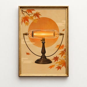 May include: A framed wall art print featuring a glowing horizontal glass vacuum tube mounted on a dark metal stand. The background displays a large orange sun, stylized white clouds, and vibrant orange and red maple leaves on branches.