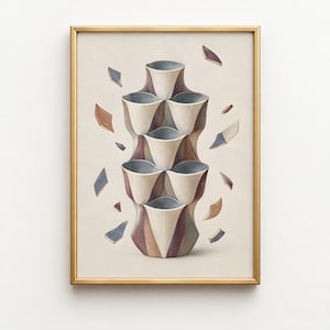 May include: A framed wall art print featuring a vertical stack of interconnected, cream-colored, cup-like vessels with blue interiors. The structure is surrounded by floating, fragmented shards in shades of blue, brown, and cream on a light background.