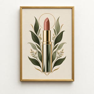 May include: A framed wall art print featuring a centered lipstick tube with a muted pink shade. The lipstick is flanked by symmetrical green botanical leaves and small white flower buds, set against a cream background with a thin gold circle.