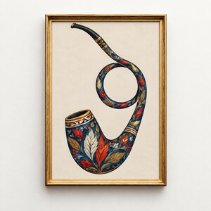 Vintage Folk Art Painted Pipe Icon Decorative Object Indigo Vermilion Wall Art Poster & Canvas