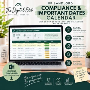 May include: A digital UK landlord compliance and important dates calendar displayed on a laptop screen. The spreadsheet includes columns for date, type, description, property, status, and notes. Features include key dates, deadlines, and reminders.