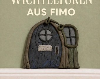 Grün-blaue Waldwichteltür aus FIMO, handgemachtes Unikat mit Fenster