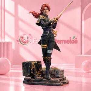 May include: A collectible figurine of a warrior with red hair, wearing a black jacket with gold accents, black trousers, and tall boots. The figure holds a gold sword and stands on a stone-textured base with a black cloth draped over a crate.