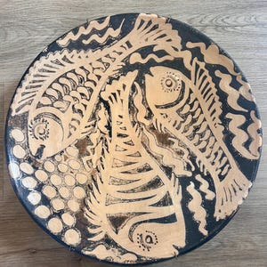 Vintage Studio Art Pottery Large Fish Charger Bowl Wall Plaque 13” Round Ceramic