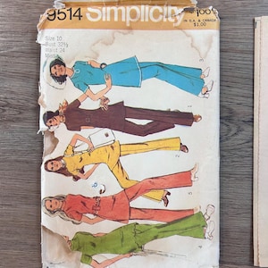 May include: A vintage Simplicity sewing pattern envelope, number 9514, for size 10 with a 32.5-inch bust and 24-inch waist. The front features illustrations of five outfits in blue, brown, yellow, orange, and green, with visible wear and staining.