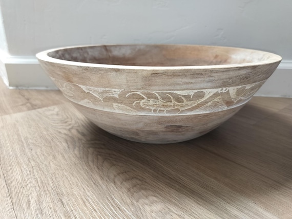 Large Hand Carved Wooden Bowl 14 Inch, Whitewash Ocean Wave & Volcanic Mountain Carving, Rustic Coastal Decor, Boho Wood