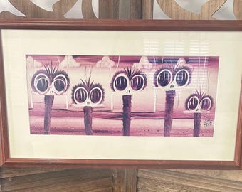 Litografía vintage firmada por Peter Browne, retrato familiar de emú, enmarcada, 24x14, arte popular del Outback australiano, decoración de pared con animales caprichosos