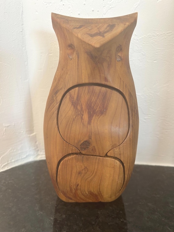 Vintage Deborah D Bump Hand Carved Wood Owl Puzzle Box, MCM Folk Art Stash Box, Signed Studio Artisan Wooden Owl Trinket