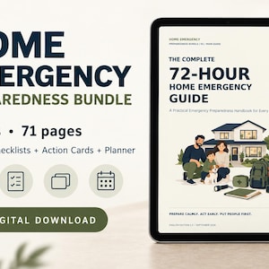 May include: A digital tablet displays a Home Emergency Preparedness Bundle cover with the text 72-Hour Home Emergency Guide. The screen shows an illustration of a family with a dog, a house, and emergency supplies including a backpack and water bottles.