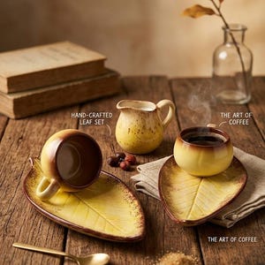 Op de afbeelding: Een keramische koffieset met twee bladvormige schoteltjes, twee ronde kopjes met bruine randen en een klein melkkannetje. De onderdelen hebben een geel gespikkeld glazuur met bruine randen. Tekst: HAND-CRAFTED LEAF SET, THE ART OF COFFEE.