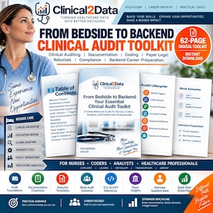 May include: A 62-page digital Clinical Audit Toolkit by Clinical2Data, featuring a cover with a stethoscope graphic. The document includes a table of contents, audit lifecycle steps, and mock scenarios for nurses, coders, and healthcare professionals.