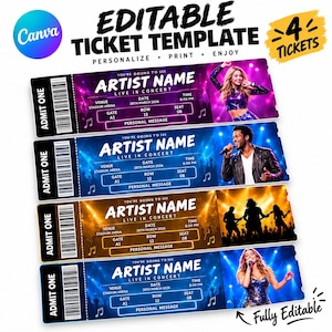 Può includere: Un set di quattro modelli di biglietti per concerti modificabili con vivaci combinazioni di colori viola, blu, oro e blu scuro. Ogni biglietto riporta il testo "ADMIT ONE", "ARTIST NAME", "LIVE IN CONCERT", "STADIUM ARENA" e "28TH MARCH 2026".