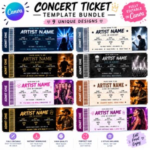 May include: A digital concert ticket template bundle featuring nine unique designs with placeholders for artist name, date, time, and venue. The graphics include concert photography, text, and barcodes. Each ticket measures 21.59 by 6.98 cm.