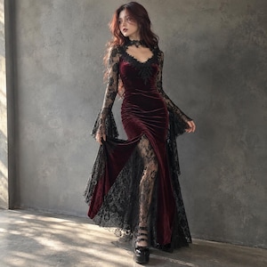 Gothic Lace Midi Dress, Flare Sleeves & Empire Waist, Black or Wine Red A-Line Clubwear