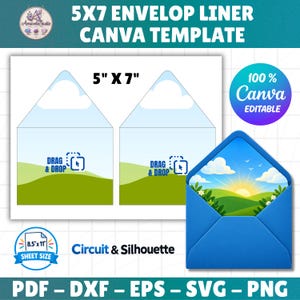 May include: A 5x7 envelope liner Canva template featuring two white outlines with drag and drop icons, a blue envelope with a sunrise landscape illustration, and text including 5x7 ENVELOP LINER CANVA TEMPLATE, 100% Canva EDITABLE, and Circuit & Silhouette.