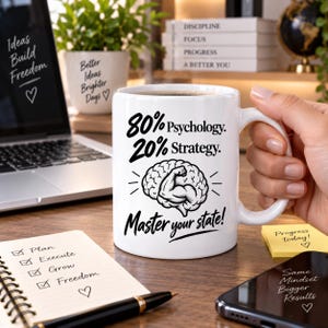 May include: A white ceramic mug featuring black text that reads 80% Psychology. 20% Strategy. Master your state! with a central graphic of a human brain flexing a bicep muscle. The mug has a smooth finish and a curved handle on the right side.