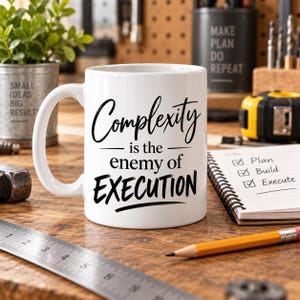 Op de afbeelding: Een witte keramische mok met de zwarte opdruk "Complexity is the enemy of EXECUTION". De mok heeft een standaard handvat en een cilindervormig lichaam, geplaatst op een houten oppervlak naast een metalen liniaal en een spiraalblok.