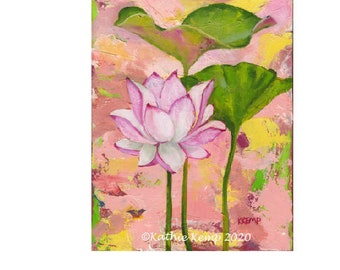 Lotus Flower Oil Painting Abstract Background Lotus Leaves Tropical Plants Asian Symbolism Giclee Print Pink Green Yellow Zen Yoga Imagery