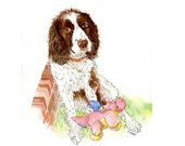 Brittany Spaniel Hunting Dog Portrait Custom Pet Drawing Pen and Ink Watercolor Gift Idea for dog lovers gifts Brown White gold Wall Art