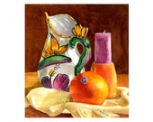 Watercolor Kitchen Still Life Painting Dining Room Food Bright Colors Floral Pitcher Orange Fruit Candle Cottage Farm Shabby Chic