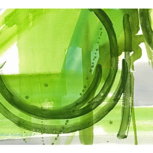 May include: Abstract watercolor painting with green, blue, and gray colors. The painting features overlapping circles and lines, creating a dynamic and energetic composition.