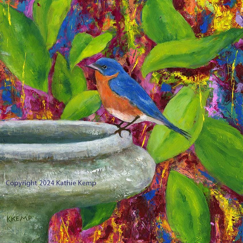 Bluebird Garden Print: Abstract Bird Bath Art, Square Panel - Etsy