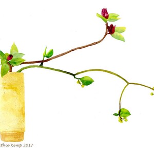 Ikebana Art Print: Japanese Zen Watercolor Painting, Red Buds