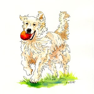 May include: A watercolor painting of a golden retriever dog running with a red ball in its mouth. The dog is depicted in a playful pose with its tongue sticking out. The background is a light green color, suggesting grass.