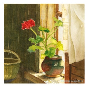 Window Sill Geranium Still Life in ceramic pottery planter watercolor painting Sun light drapery european style red green digital print