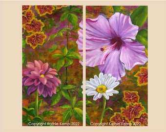 Flowers Hibiscus Dahlia Daisy Heuchera Spring Garden Oil Painting Digital Print Square or Diptych Vertical Set of two Bright Spring colors