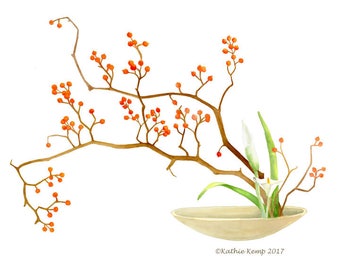 Ikebana Japanese Zen Flower Arrangement White Lily Bittersweet Flower Branch Watercolor Art Painting Minimalist Orange Green Ikebana Vase