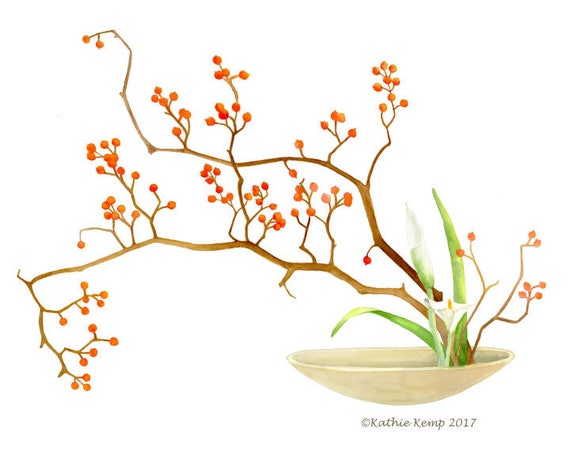 Ikebana Print: Lily & Bittersweet Branch Watercolor Art - Etsy