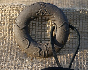 Yoga Om Sculpture Talisman Minimalist Pottery Gift Fathers Day Graduation Modern Meditation Symbol Good luck Fired Clay Brown Black Leather