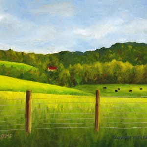 May include: An oil painting of a rural landscape featuring a green field, a wire fence, and a distant red-roofed building. The sky is blue with white clouds. Several cows graze in the field. The artist's signature and copyright information are in the lower corners.