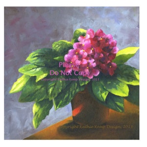 May include: A painting of a potted African violet plant with vibrant pink flowers and lush green leaves. The plant is in a brown pot and is set against a light gray background.