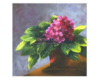 Flowers Oil Painting Still Life African Violet Flowers in Clay Planter Pot Potted Plants Afternoon Sun Violet Purple Pink Lime Spring Green