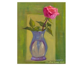 Romantic Pink Rose blooming in violet purple vase green background gift idea giclee print still life oil painting traditional cottage
